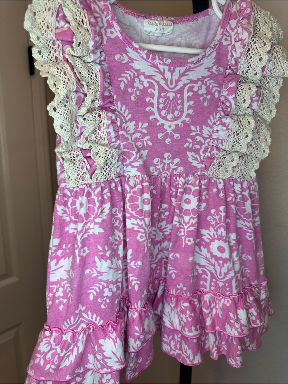 Toddler Pink Floral Ruffle Dress with Cream Lace Accents